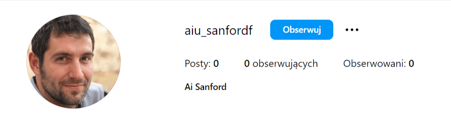 Konto na Instagramie z tą samą twarzą, która pojawia się w komentarzu w fałszywym artykule. W opisie konta napisano “Ai Sanford” 