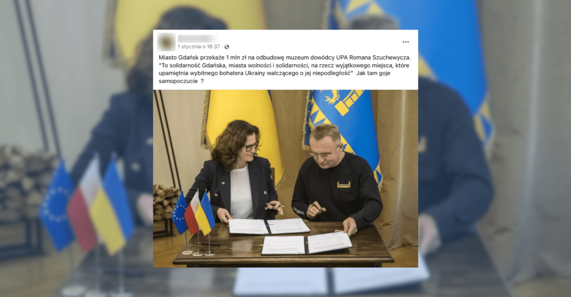 Screenshot posta przedstawiającego fałszywe informacje dot. rzekomego przekazania miliona złotych na Muzeum Szuchewycza
