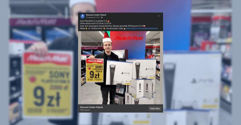 Screenshot posta przedstawiającego fałszywą ofertę, w której rzekomo Media Markt ma sprzedawać PS5 za 9 zł