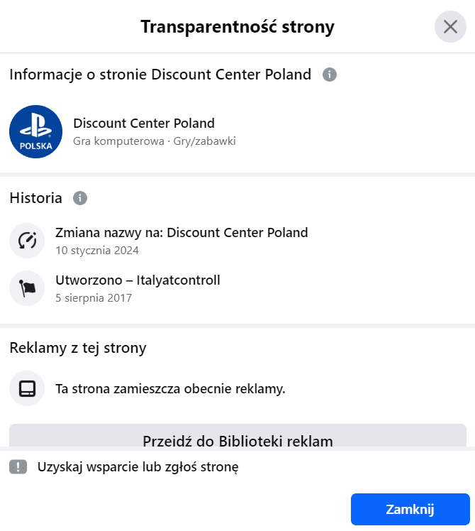 Zrzut ekranu przedstawiający informacje o profilu, który opublikował fałszywe oferty sprzedaży. Widzimy na nim zmianę nazwy na inną, dokonaną w dniu 10 stycznia 2024 roku.