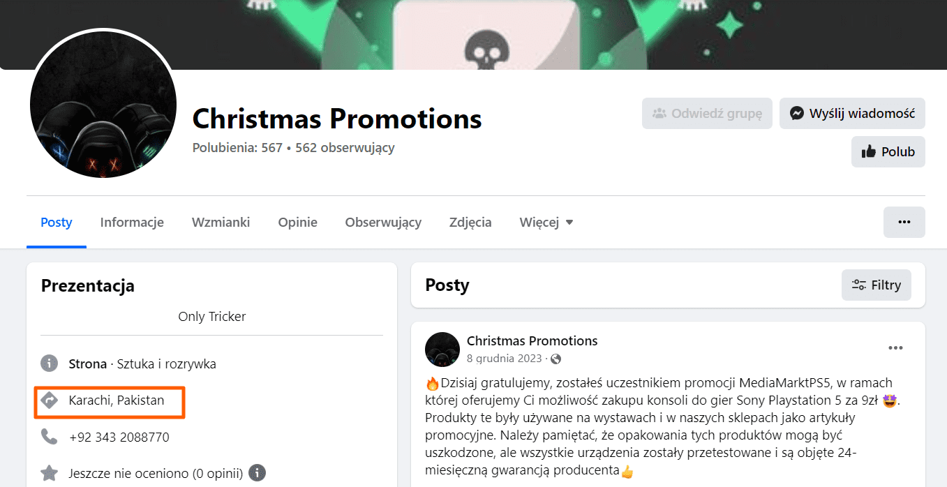Zrzut ekranu profilu, który opublikował fałszywe oferty sprzedaży. Widzimy na nim, że konto pochodzi z Pakistanu.