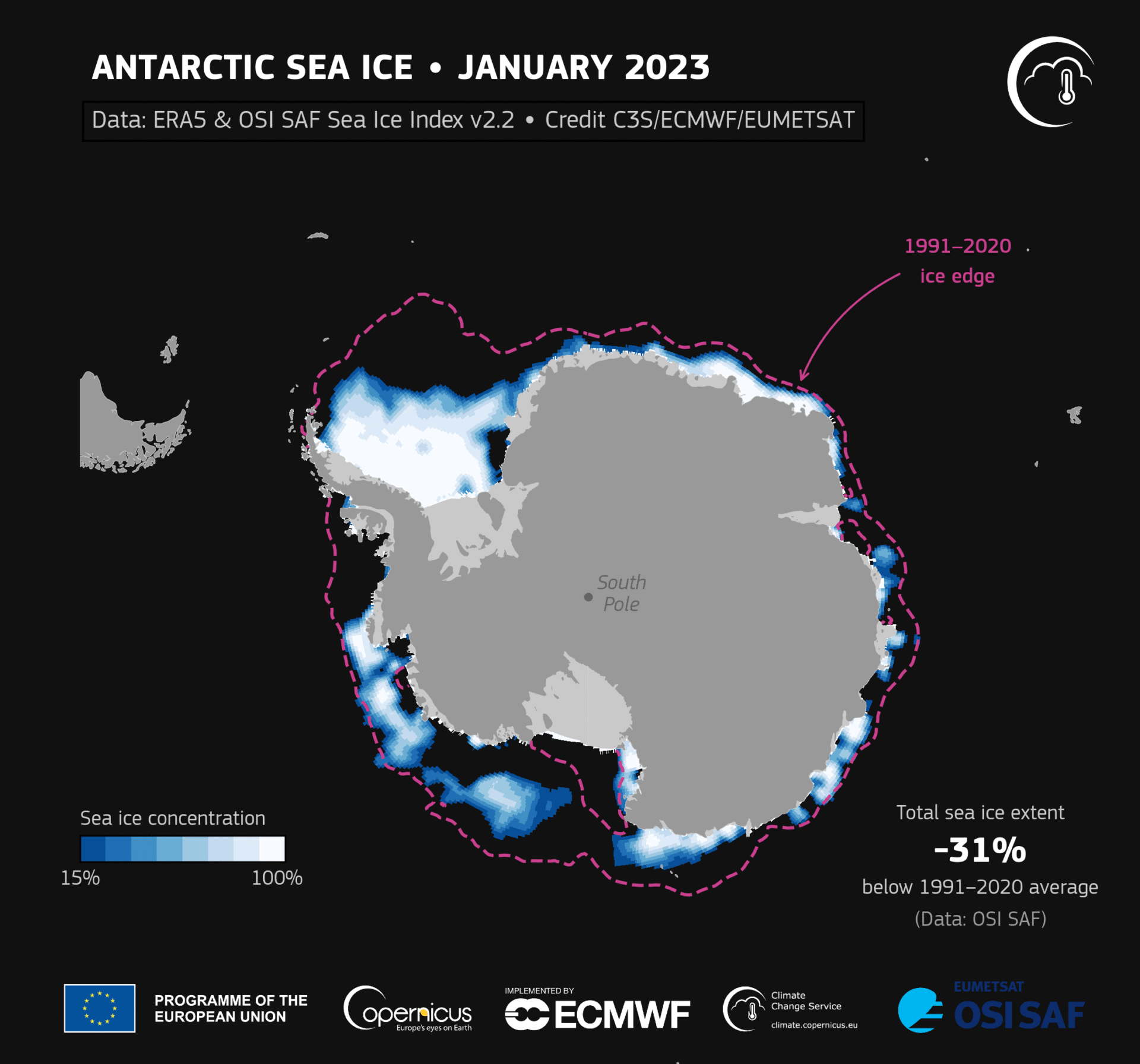 Zmiany powierzchni lodu na Antarktyce w poszczególnych miesiącach 2023 roku z okresem referencyjnym: 1991–2020, fot. C3S / ECMWF / EUMETSAT / https://climate.copernicus.eu/global-climate-highlights-2023# / Modyfikacje: Demagog