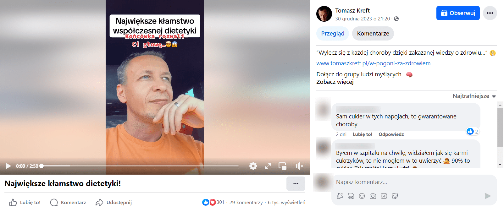 Zrzut ekranu posta na Facebooku, wraz z nagraniem. Widzimy na nim Tomasza Krefta opowiadającego o spożywaniu żywej wody. 301 reakcji, 29 komentarzy, 6 tys. wyświetleń. 