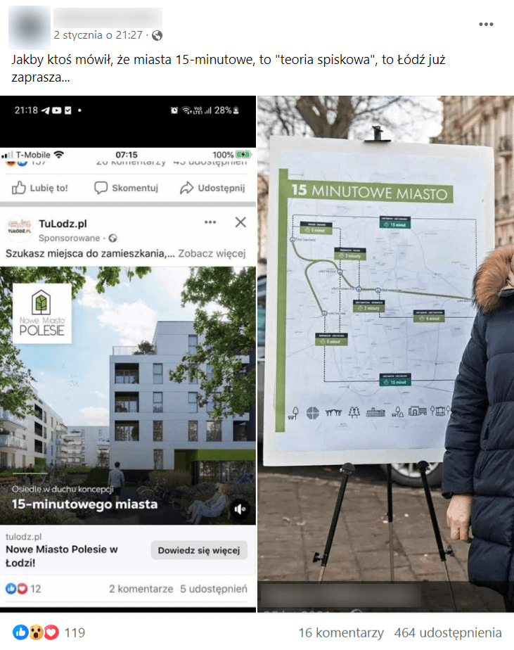 Zrzut ekranu posta na Facebooku. Znajdują się na nim zdjęcia nowego osiedla „Nowe Miasto Polesie” budowanego w Łodzi oraz zdjęcie mapy przedstawiającej najważniejsze punkty kolejowe w Łodzi.