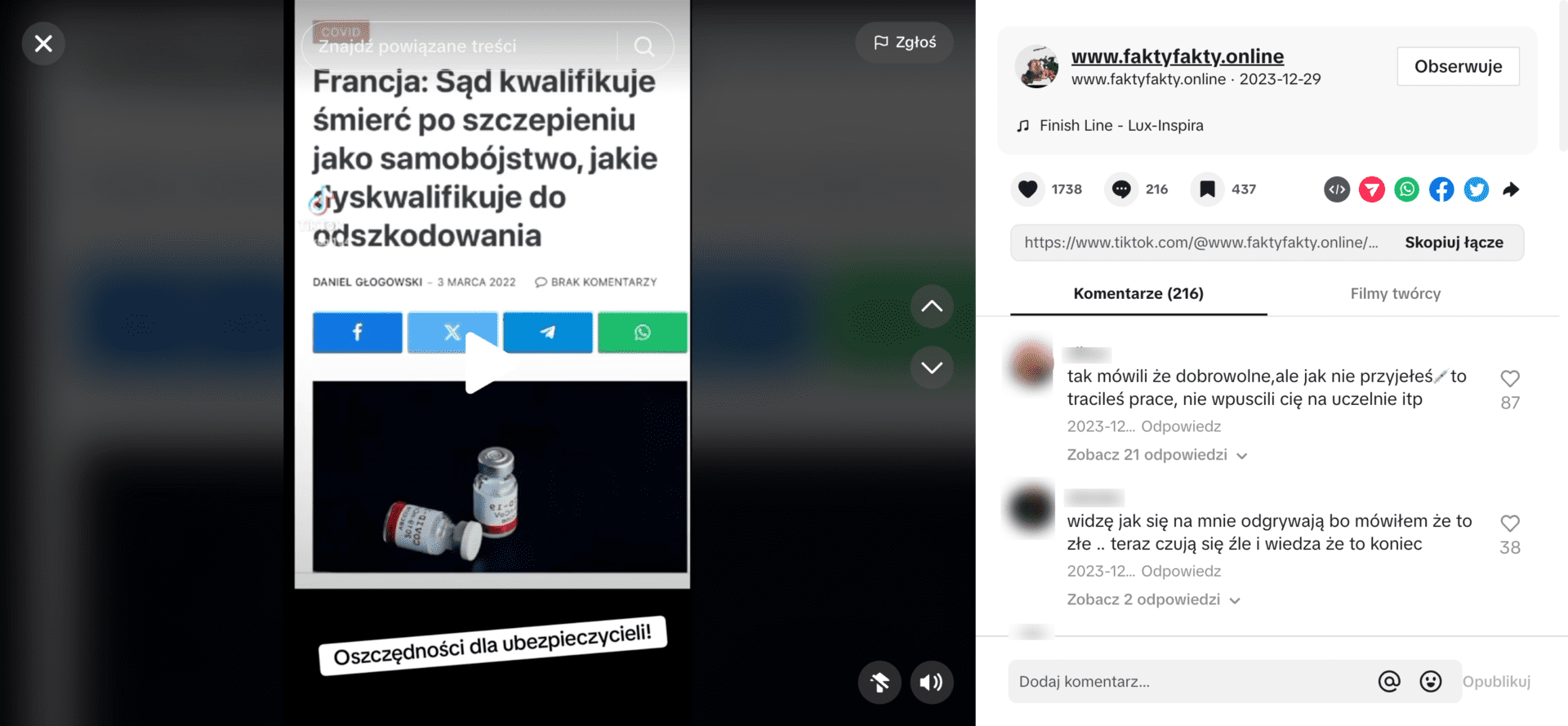 Zrzut ekranu omawianego nagrania. Widoczne są fiolki z podpisami „COVID-19”. Film zdobył 1738 polubień, 216 komentarzy, 437 razy go zapisano.