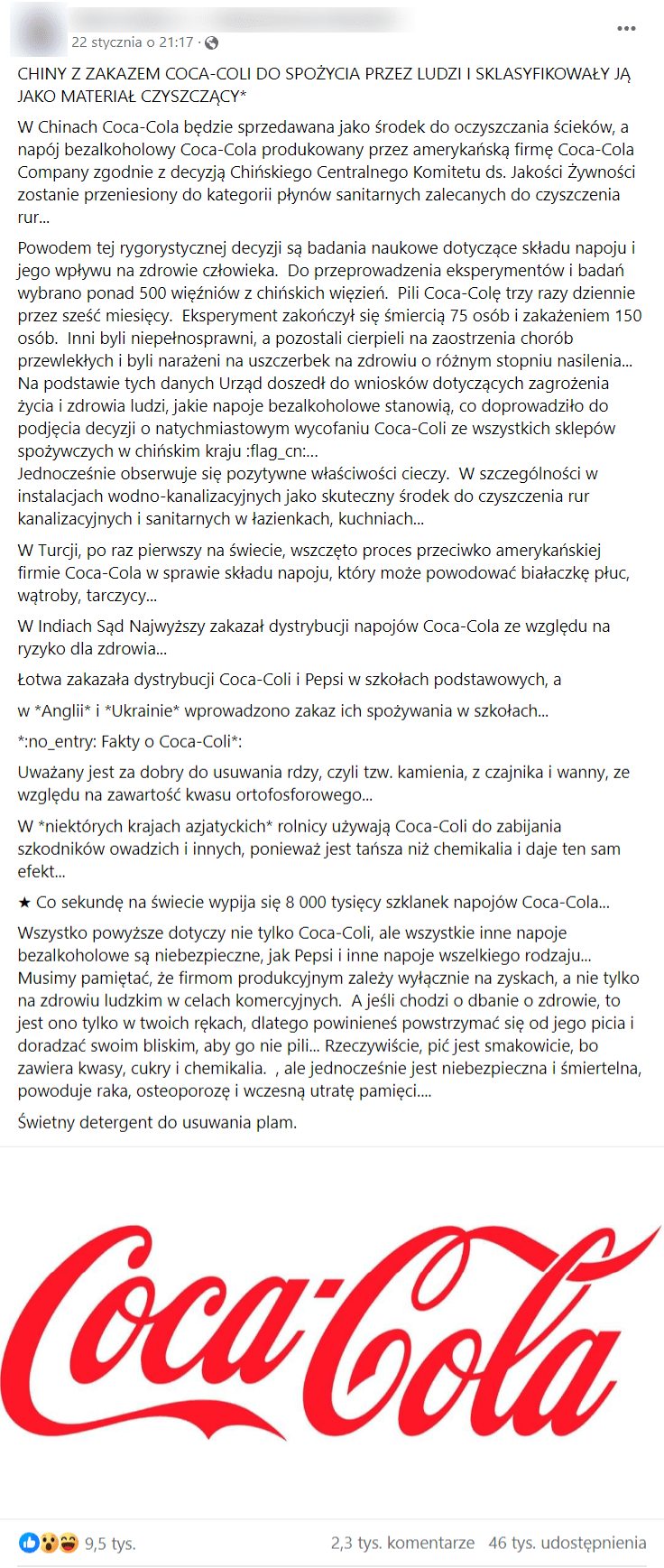 Zrzut ekranu posta na Facebooku. Widzimy tekst dotyczący tego, że Chiny i inne kraje rzekomo wprowadziły zakaz spożycia Coca-Coli przez ludzi. Na dole posta znajduje się duże logo Coca-coli. 9,5 tys. reakcji, 2,3 tys. komentarzy, 46 tys. udostępnień. 