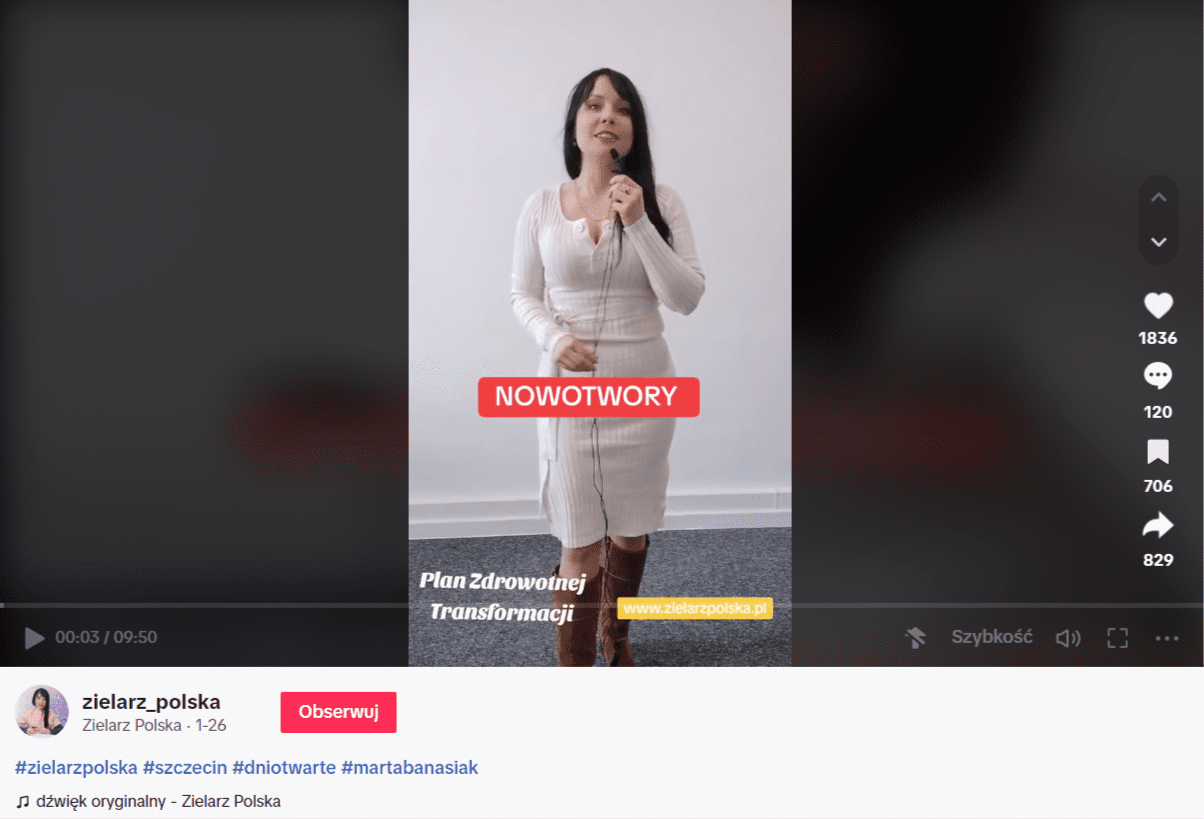 ALT: Zrzut ekranu z nagrania kanału zielarz_polska, na którym autorka przedstawia fałszywe informacje na temat nowotworów i ich leczenia. Nagranie zdobyło 1836 polubień 120 komentarzy. 706 razy zostało zapisane w ulubionych i udostępnione 829 razy.