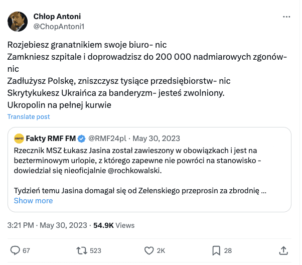 Zrzut ekranu z serwisu X