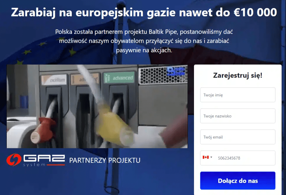Fragment strony przygotowanej przez oszustów. Widać na niej m.in. formularz kontaktowy, gdzie należy podać imię, nazwisko, e-mail oraz nr telefonu. Jest również nagłówek nęcący wysoką stopą zarobków. Pod zdjęciemi dystrybutora paliw umieszczono logo spółki GAZ-SYSTEM