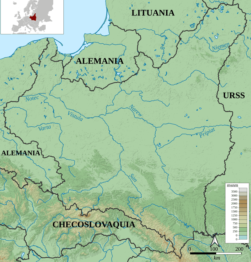 Mapa II Rzeczpospolitej w granicach z 1924 roku do 1938. Na mapie widać, że od północy kraj graniczył z Litwą oraz Niemcami, od wschodu z ZSRR, od południa z Czechosłowacją oraz z Niemcami od zachodu.