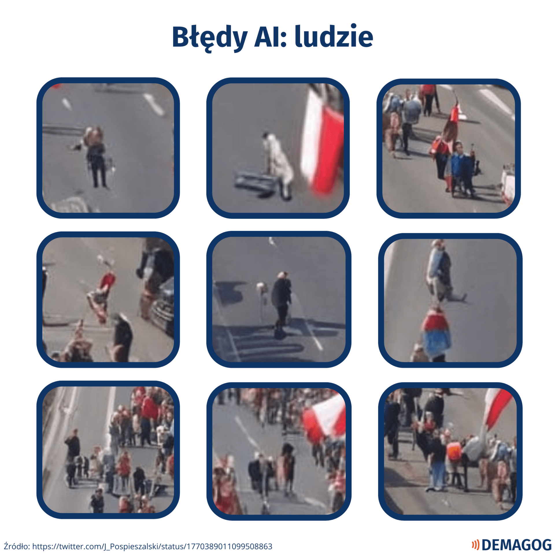 Kolaż zdjęć uczestników z rzekomego protestu. Widać, że pojazdy są zdeformowane, co wskazuje na stworzenie ich przez AI