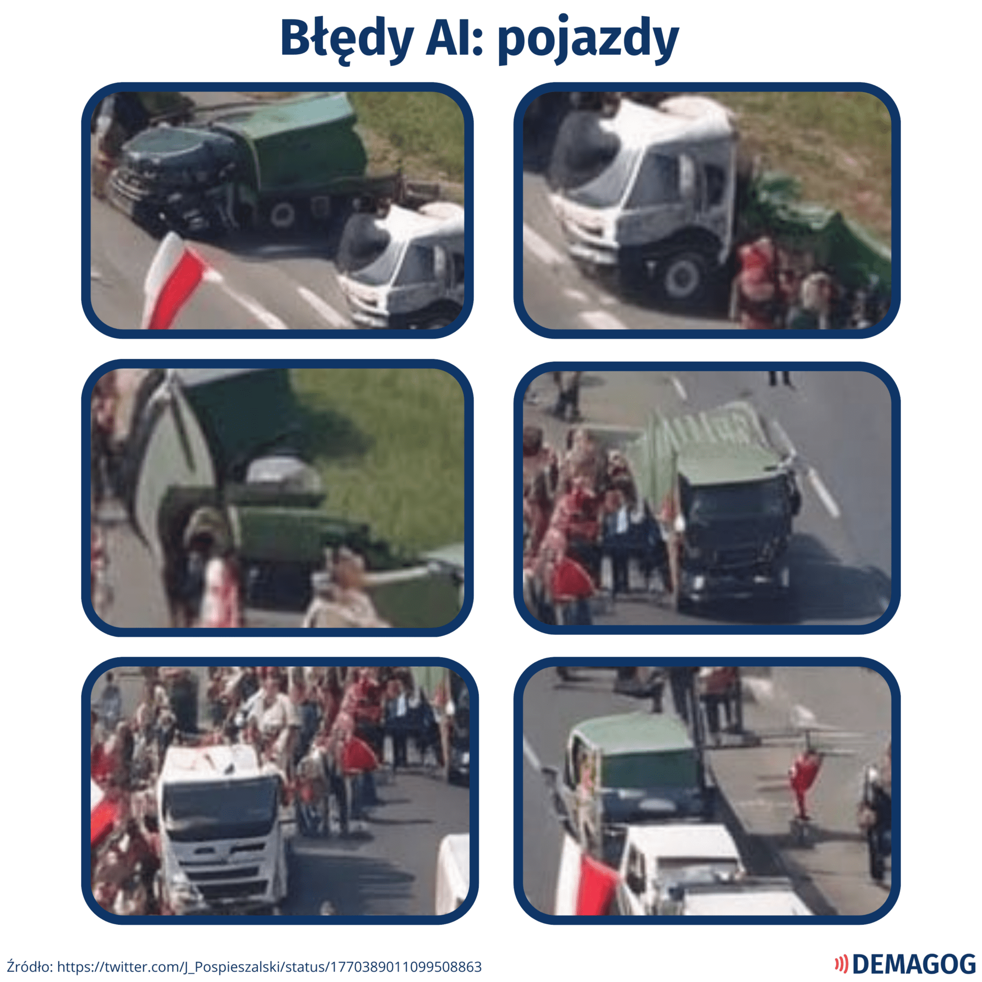 Kolaż zdjęć samochodów z grafiki z rzekomego protestu. Widać, że pojazdy są zdeformowane, co wskazuje na stworzenie ich przez AI
