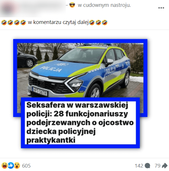 Zrzut ekranu z posta na Facebooku. Na zdjęciu widać radiowóz policyjny oraz wycięty nagłówek artykułu. Wpis zyskał 603 polubienia, 142 komentarze oraz 78 udostępnień.