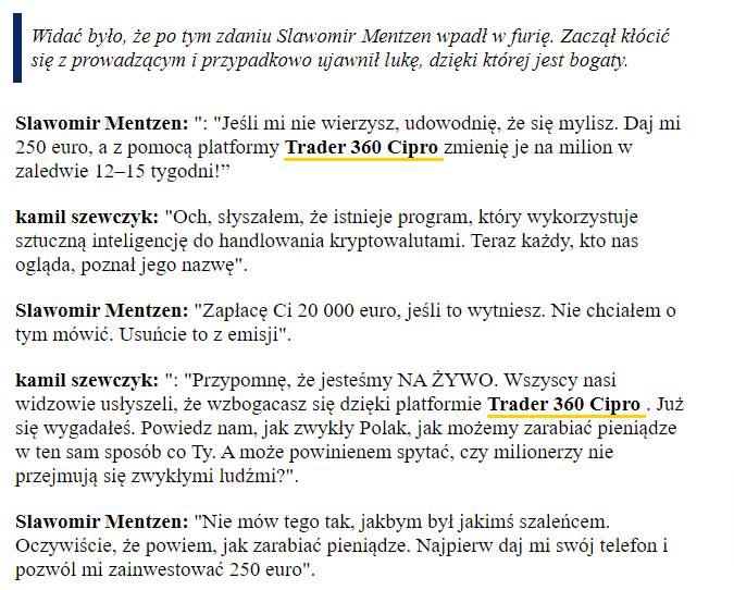 Fragment fałszywego artykułu, gdzie pojawia się nazwa platformy 350 Trading z linkiem.