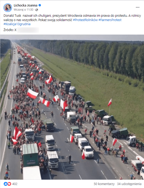 Grafika z rzekomego protestu podana dalej przez posłankę Joannę Lichocką na Facebooku