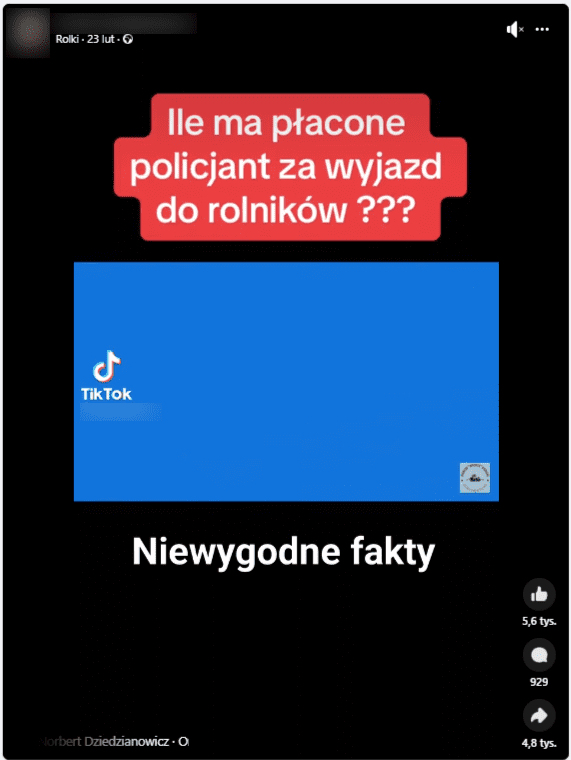 Kadr z rolki na Facebooku z niebieskim tłem. Napisy na nagraniu głoszą: „Ile ma płacone policjant za wyjazd do rolników???” oraz „niewygodne fakty”. Pod rolką zostawiono 5,6 tys. reakcji, 929 komentarzy oraz udostępniono ją 4,8 tys. razy
