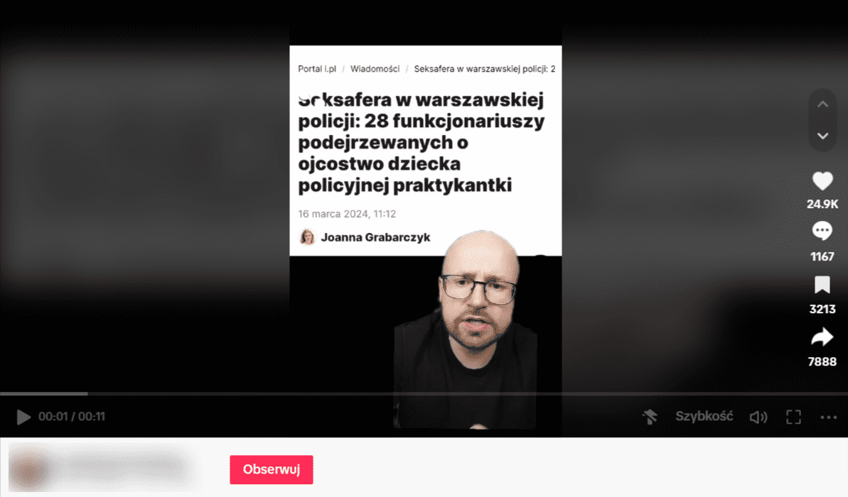 Zrzut ekranu z nagrania na TikToku. Na nagraniu widać mężczyznę, która odczytuję nagłówek artykułu. Wideo uzyskało 24,9 tys. polubień, 1167 komentarzy oraz 7888 udostępnienia.