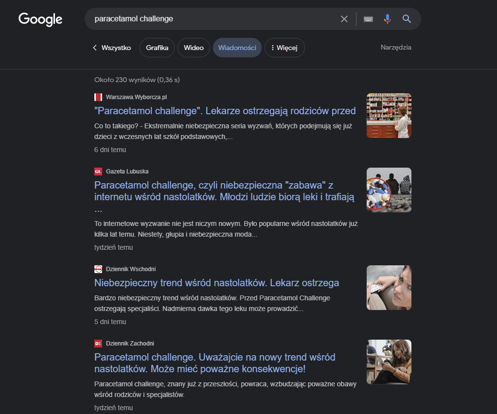 Wyniki wyszukiwania artykułów informacyjnych na temat wyzwania z paracetamolem. Nagłówki ostrzegające rodziców przed zagrożeniem. 