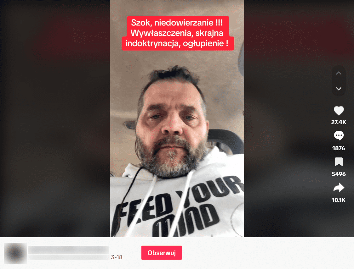 Zrzut ekranu z posta na TikToku. Na nagraniu mężczyzna z brodą w biało-czarnej bluzie. 27,4 tys. polubień, 1876 komentarzy, 5496 zapisów i 10,1 udostępnień. 