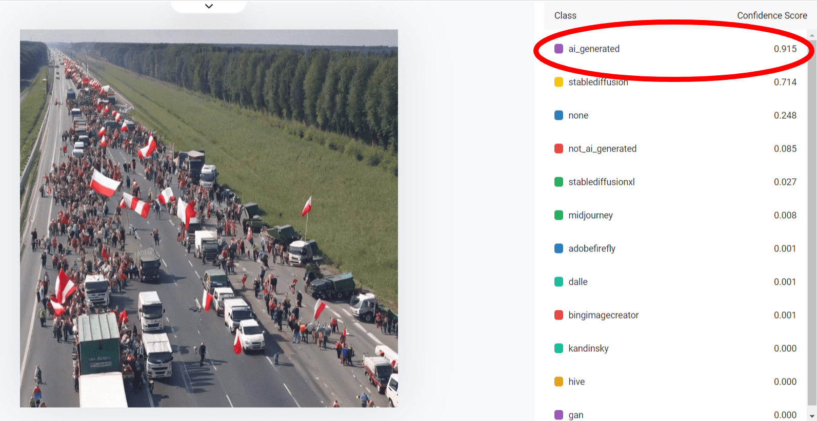 Analiza zdjęcia z protestu ze strony thehive.ai. Wysokie prawdopodobieństwo, że zostało wygenerowane przez AI 