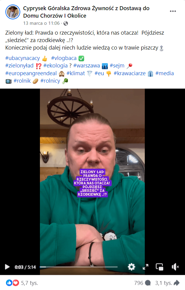 Zrzut ekranu z posta na Facebooku. Na nagraniu mężczyzna w zielonej bluzie oraz podpis: „Zielony ład: Prawda o rzeczywistości, która nas otacza! Pójdziesz »siedzieć « za rzodkiewkę ..!?”. 5,7 tys. reakcji, 796 komentarzy, 3,1 tys. udostępnień. 
