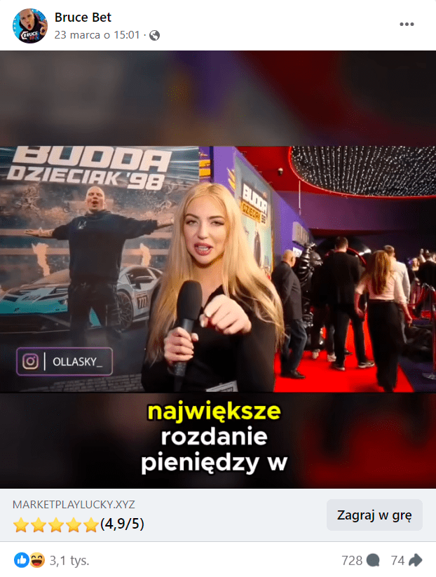 Zrzut ekranu z posta na Facebooku. Kobieta z mikrofonem opowiada o nowej aplikacji. 3,1 tys. reakcji, 728 komentarzy, 74 udostępnienia. 