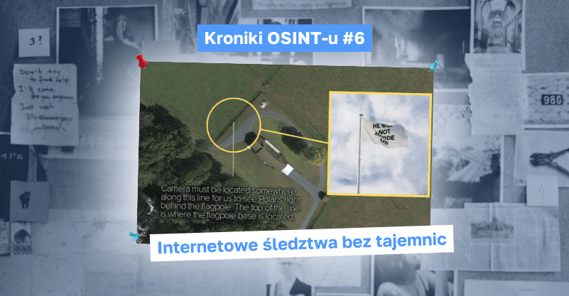 Zdjęcie satelitarne, po lewej stronie las, po prawej długi budynek. Przed nim zbliżenie do białej flagi z napisem „He will not devide us”.