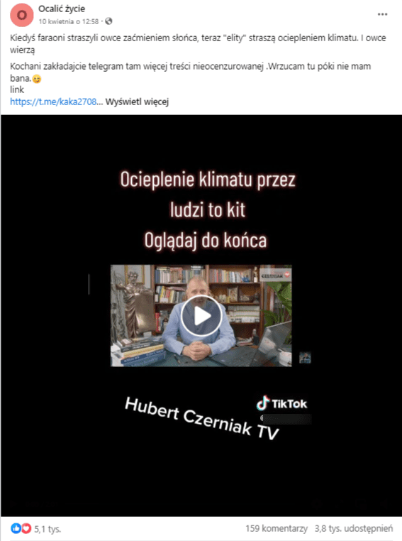 Wpis na Facebooku z nagraniem wypowiedzi Huberta Czerniaka. Post zdobył ponad 5 tys. reakcji, 3,8 tys. udostępnień i 159 komentarzy