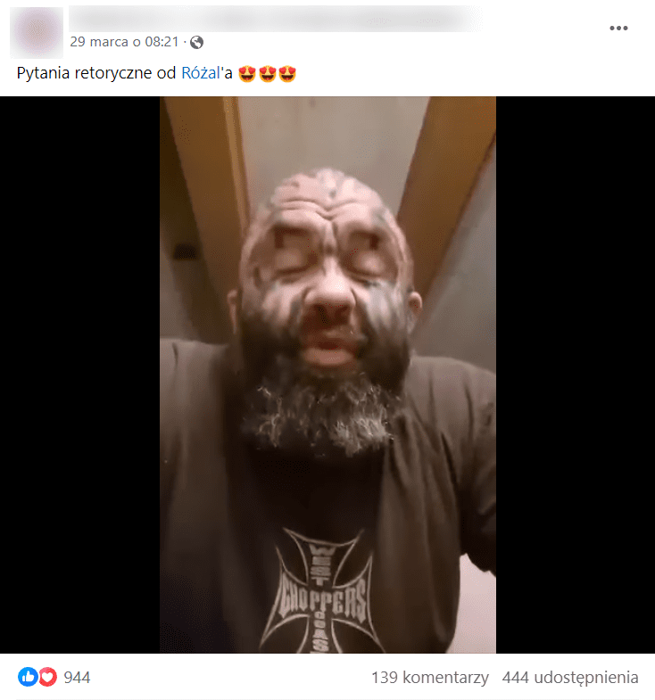 Zrzut ekranu posta na Facebooku. Widzimy na nim zawodnika MMA, Marcina Różalskiego. 944 reakcje, 139 komentarzy, 444 udostępnienia, 8,7 tys. wyświetleń.