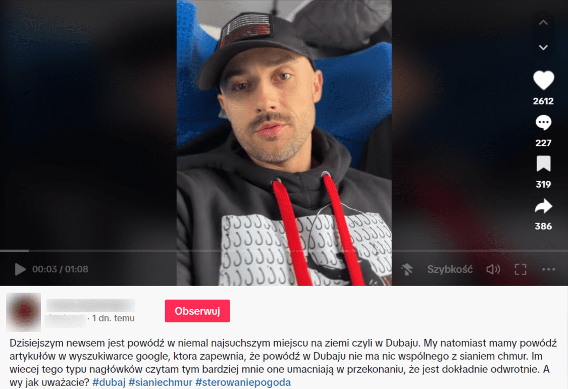 Zrzut ekranu z nagrania, na którym mężczyzna mówi o powodzi w Dubaju. Nagranie zdobyło 2612 polubień i 227 komentarzy. 319 osób dodało film do ulubionych, a 386 udostępniło go dalej.