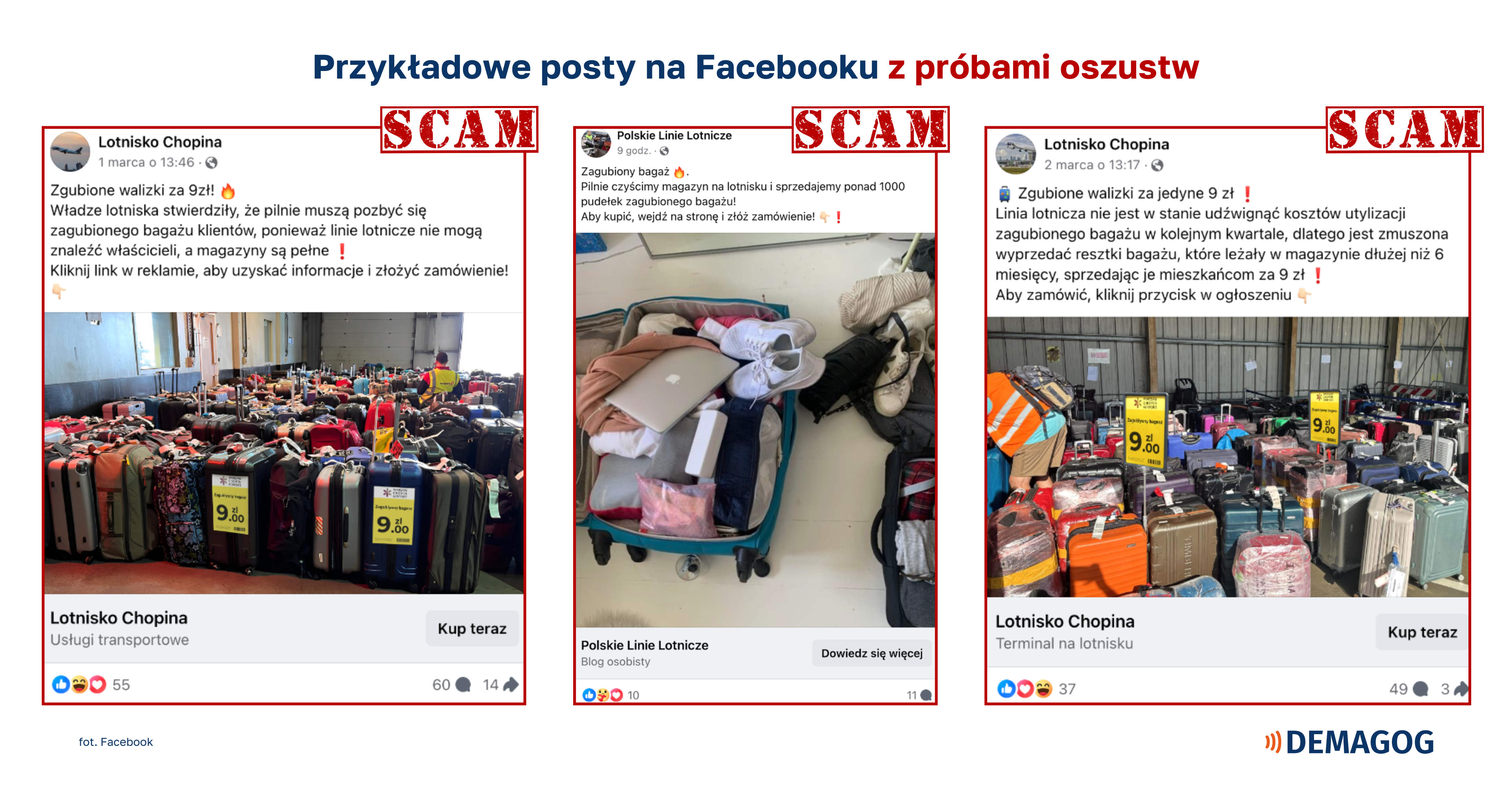 Przykładowe posty na Facebooku z próbami oszustw