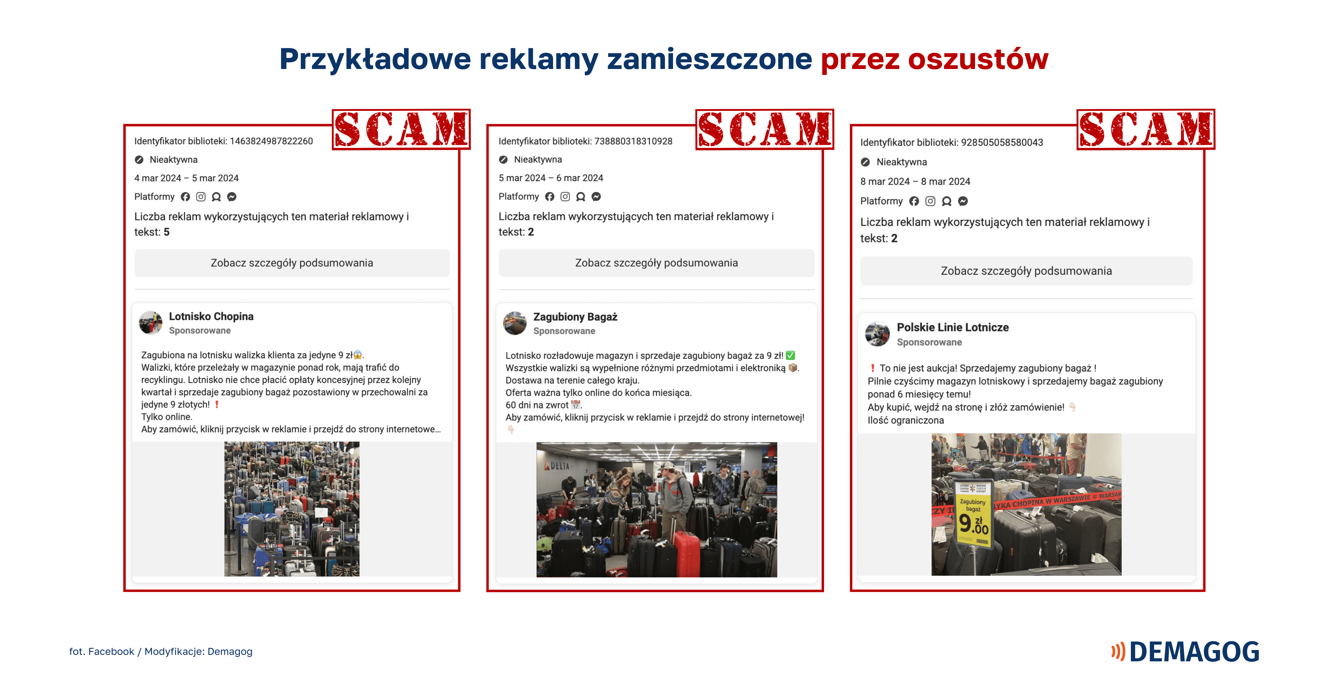 Przykładowe reklamy zamieszczone przez oszustów