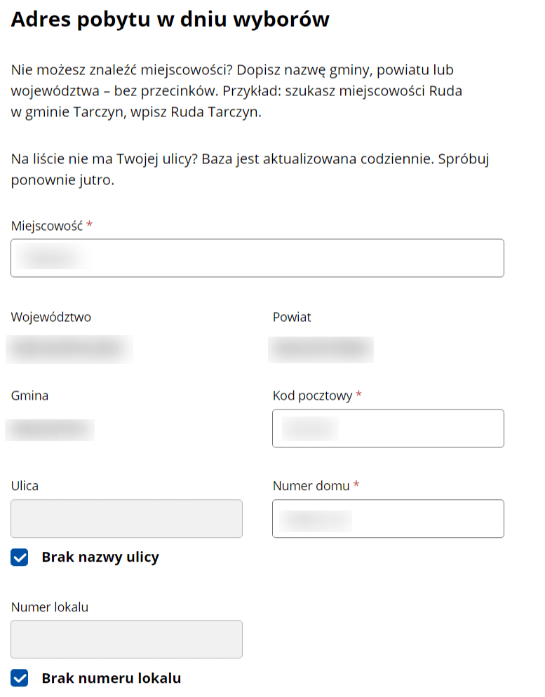 zrzut ekranu ze strony gov.pl przedstawiający formularz na adres