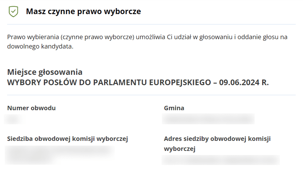zrzut ekranu z Centralnego Rejestru Wyborców przedstawiający adres lokalu wyborczego