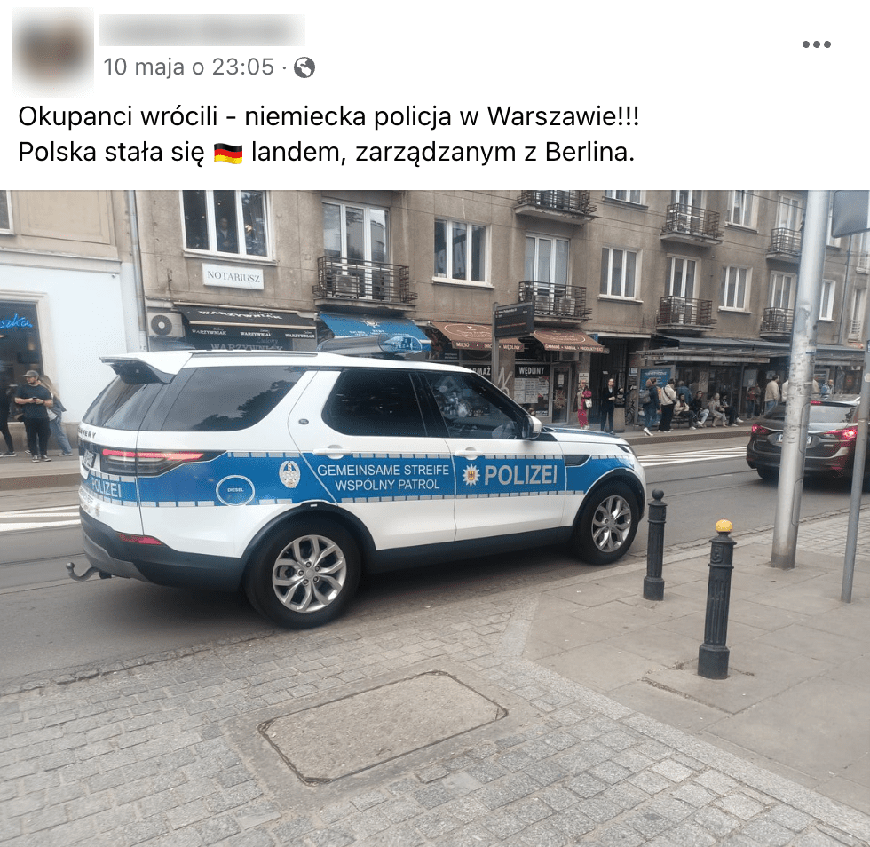 Zrzut ekranu jednego z omawianych wpisów. Widoczny jest radiowóz z napisami po polsku i niemiecku.