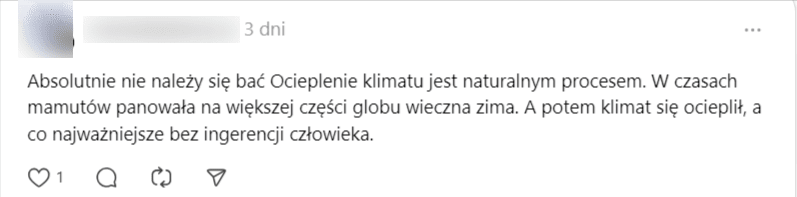 Wpis na Threads dotyczący zmiany klimatu jako naturalnego procesu dziejącego się na Ziemi od lat