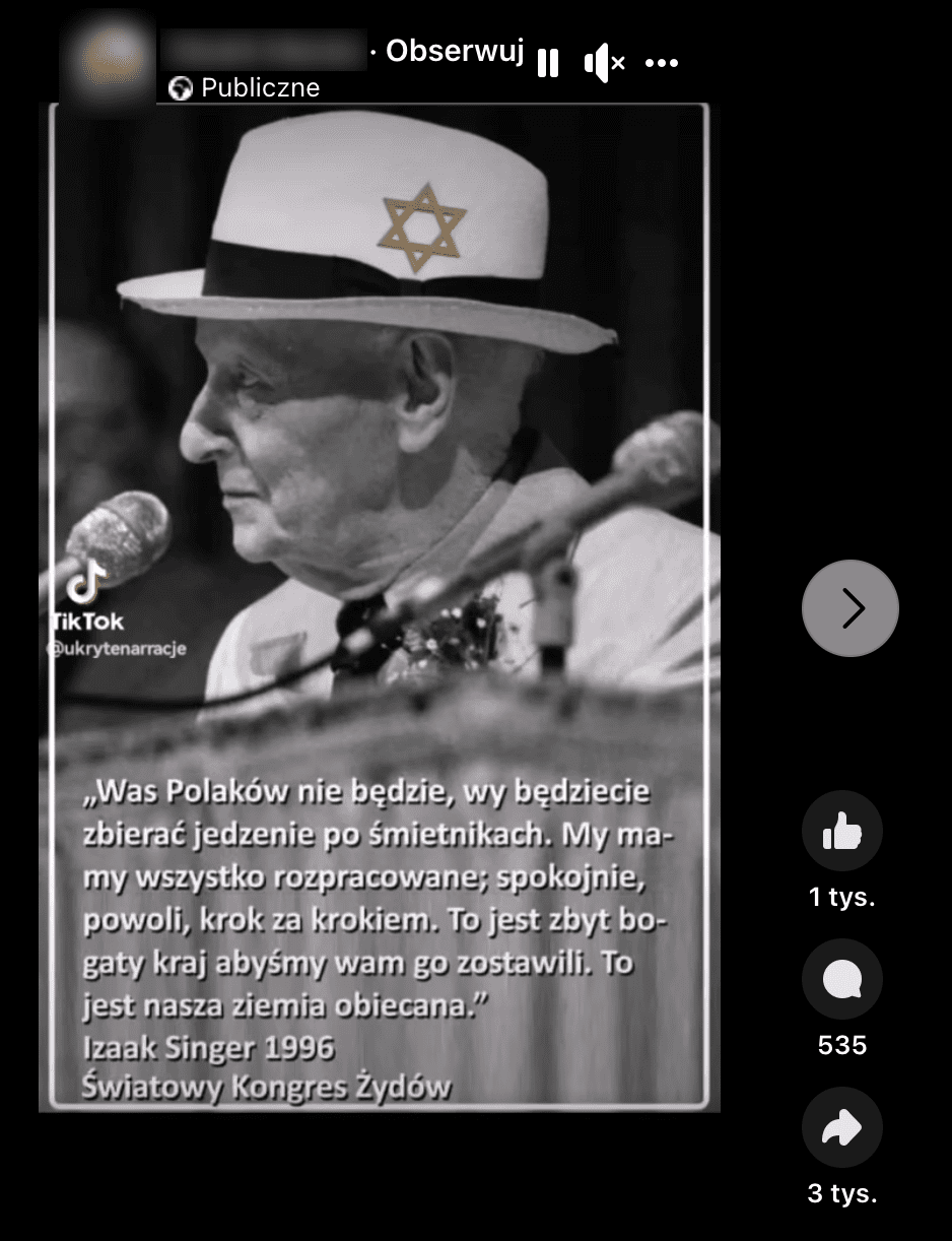 Zrzut ekranu rolki na Facebooku. Zamieszczono w niej czarno białe zdjęcie Isaaca Singera z rzekomym cytatem jego słów. Pisarz ukazany jest z profilu, a na głowie ma biały kapelusz. Obraz wyedytowano: na kapeluszu zamieszczono gwiazdę Dawida.