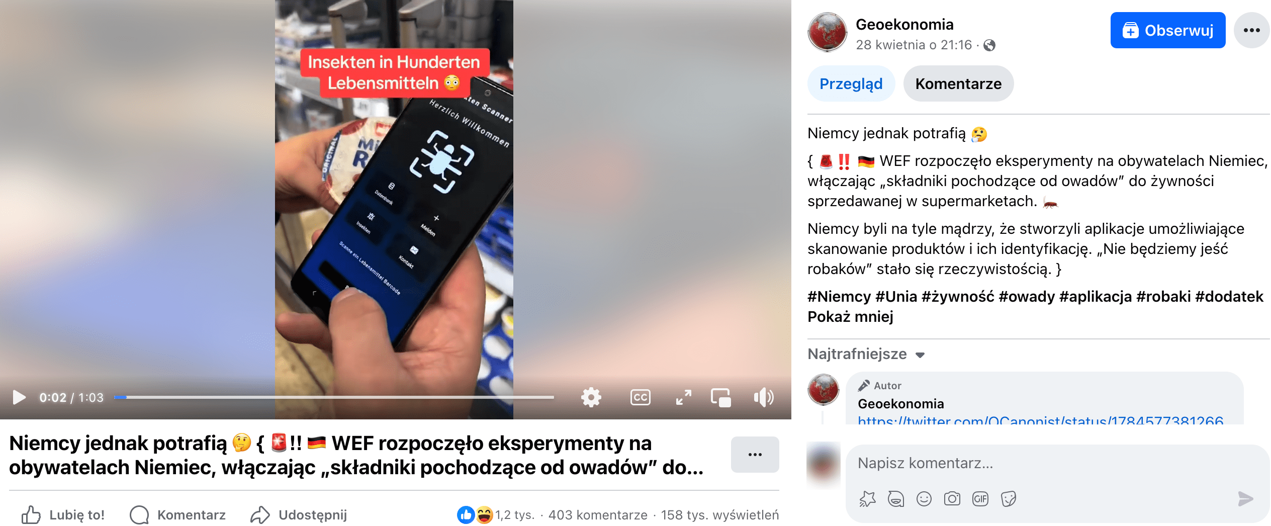 Zrzut ekranu omawianego posta. W kadrze dołączonego filmu widoczny jest telefon komórkowy z uruchomioną aplikacją, a w tle półki z nabiałem w supermarkecie.