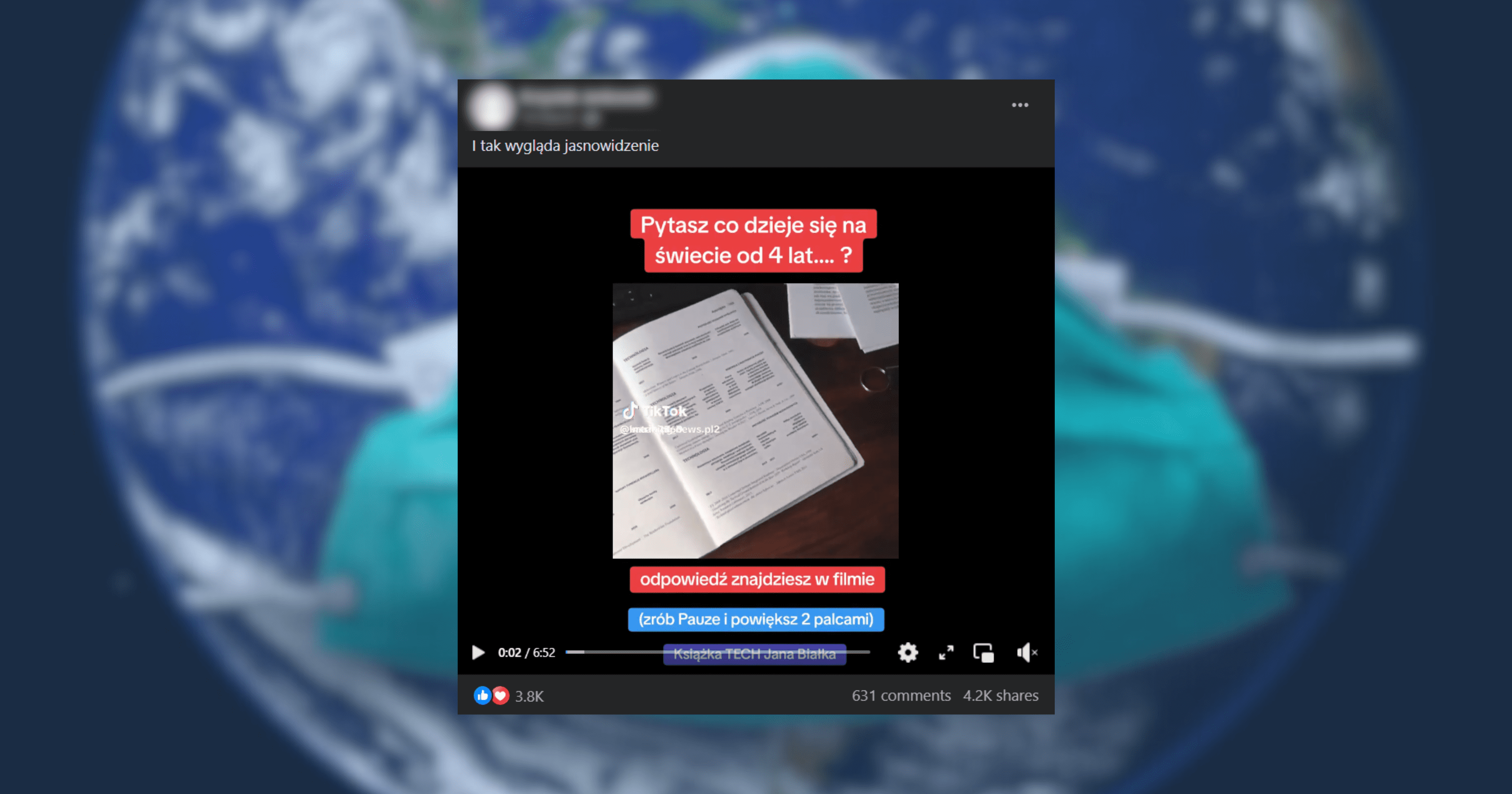 Screenshot wpisu, który pojawił się na Facebooku, szerzącego nieprawdziwe tezy. W filmiku przytacza się Agendę 2030, fake newsa, że pandemia była zaplanowana, a elity chcą rzekomo zabić ludzkość.