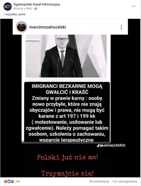 Wpis na Facebooku z grafiką zawierającą zdjęcie Adama Bodnara oraz rzekomy cytat jego wypowiedzi o bezkarności imigrantów