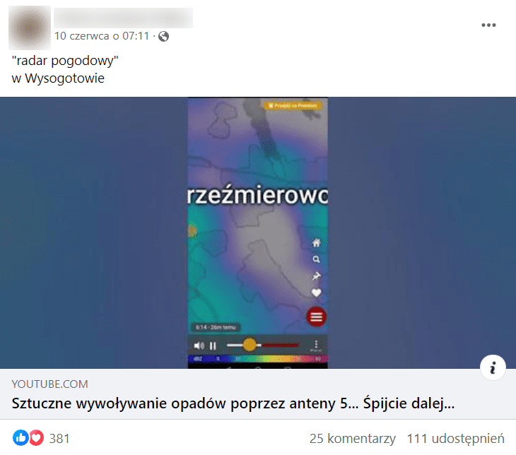 Zrzut ekranu posta na Facebooku. Widzimy na nim fragment, który przedstawia aplikację pogodową oraz napis: „»radar pogodowy « w Wysogotowie”. 381 reakcji, 25 komentarzy, 111 udostępnień. 