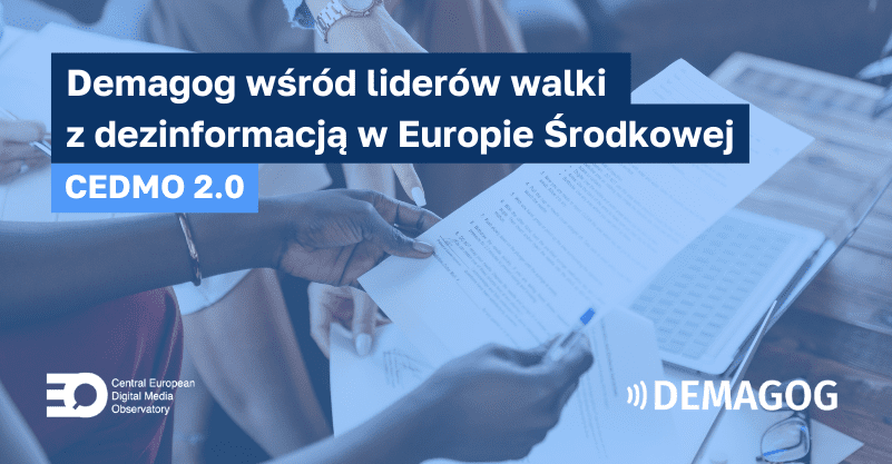 napis: Demagog wśród liderów walki z dezinformacją w Europie Środkowej a w tle zdjęcie z dokumentami