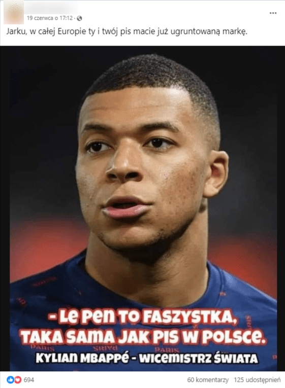 Wpis z grupy na Facebooku ze zdjęciem Kyliana Mbappe i rzekomym przetłumaczonym cytatem jego wypowiedzi 