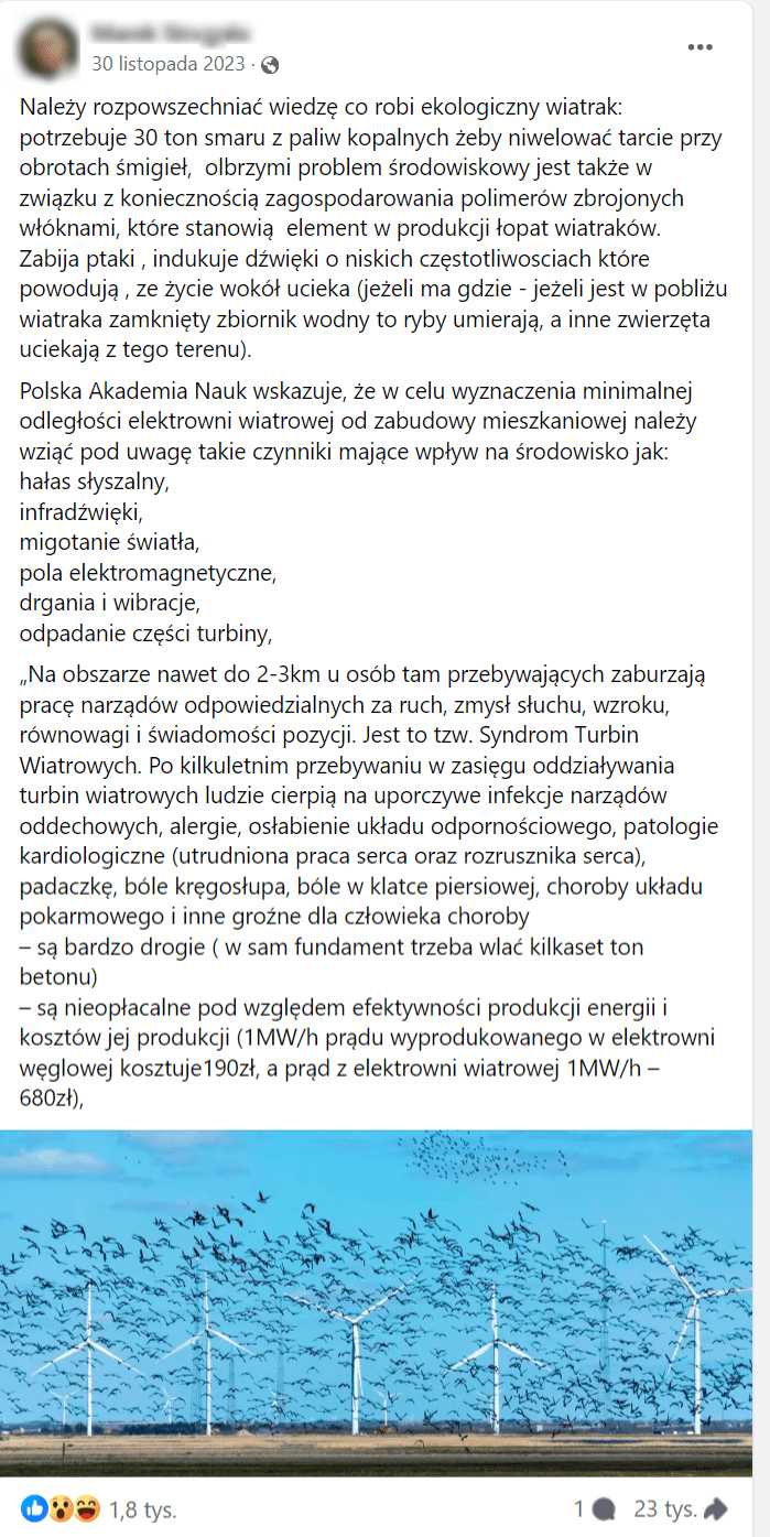 Zrzut ekranu z posta na Facebooku. Widoczne zdjęcie wiatraków i stada ptaków. Liczba reakcji: 1,8 tys., liczba komentarzy: 1, liczba udostępnień: 23 tys.