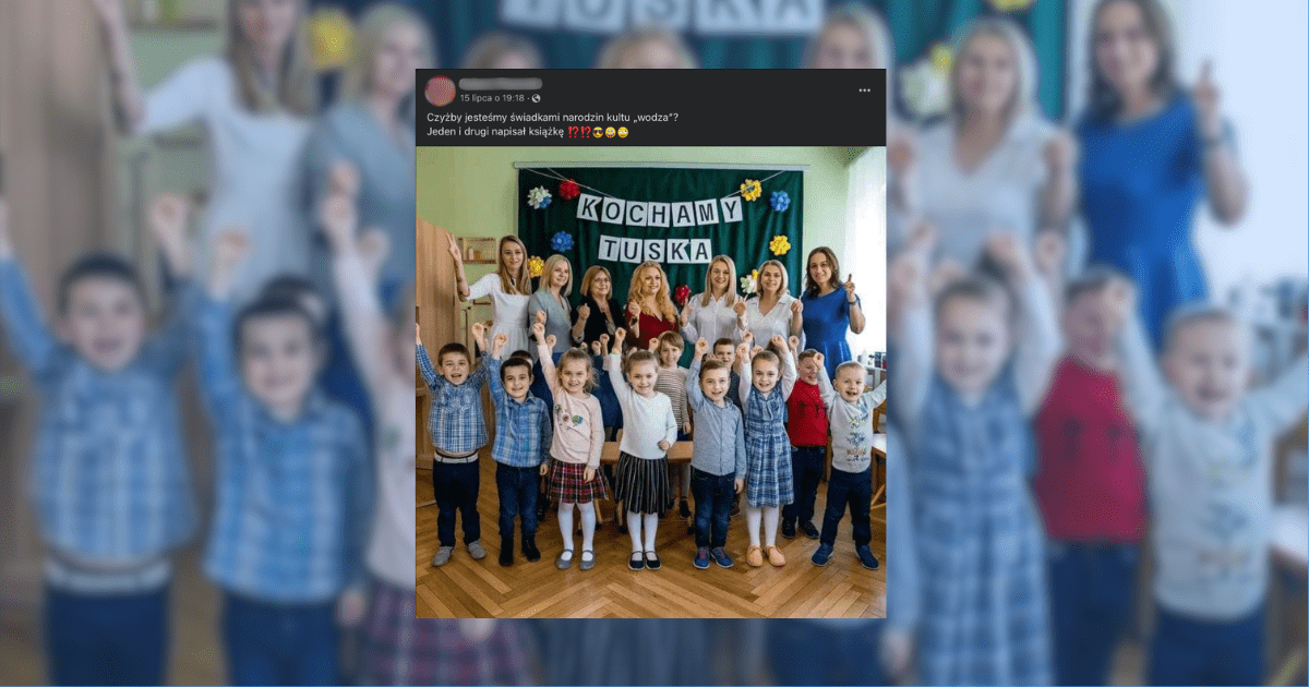 screen z facebooka, dzieci i podpis “kochamy Tuska” wygenerowane przez AI