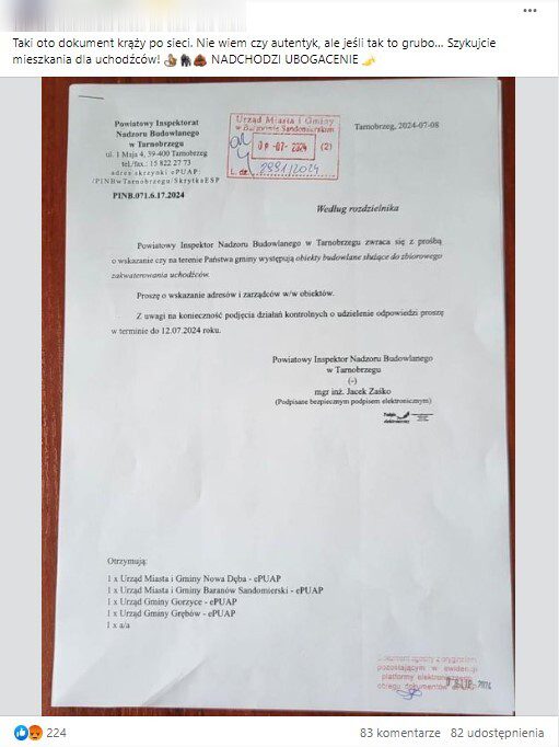 Na zdjęciu przedstawiony jest post zawierający pismo Powiatowego Inspektora Nadzoru Budowlanego w Tarnobrzegu wraz z podpisem „Taki oto dokument krąży po sieci. Nie wiem czy autentyk, ale jeśli tak to grubo… Szykujcie mieszkania dla uchodźców! 🐒🦍🦧 NADCHODZI UBOGACENIE 🍌”. Wpis zdobył 224 polubienia, 83 komentarze i 82 udostępnienia