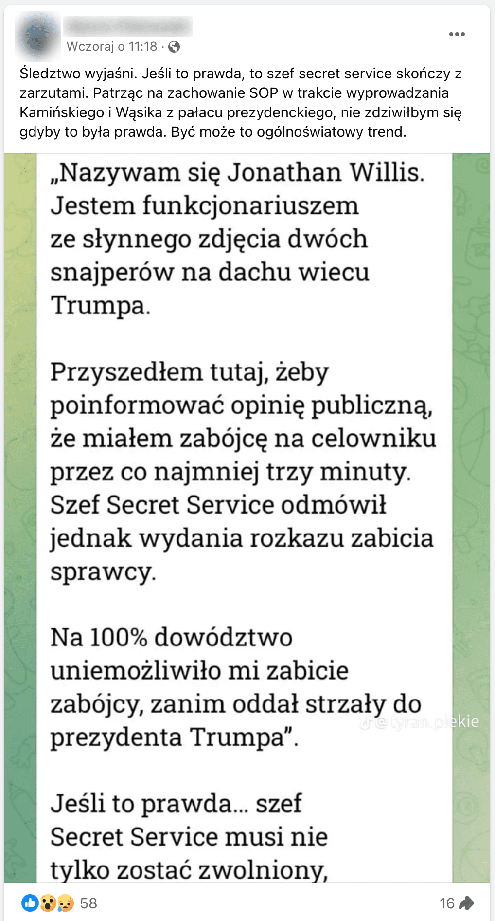 Zrzut ekranu omawianego posta na Facebooku. Dołączono do niego zrzut ekranu wiadomości na Telegramie, w której zacytowano rzekome słowa agenta Secret Service.