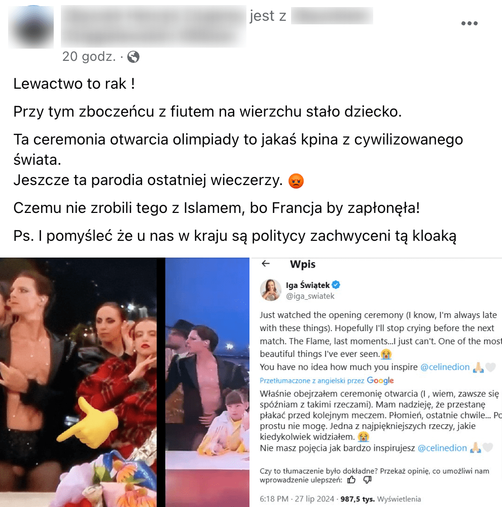 Zrzut ekranu jednego z omawianych postów. Widoczna jest omawiana postać w czarnej marynarce.