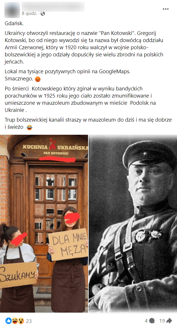 Zrzut ekranu na Facebooku, w którym podano fałszywe informacje o pochodzeniu nazwy ukraińskiej restauracji.