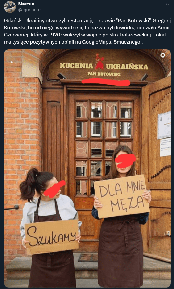 Zrzut ekranu wpisu na platformie X, w którym podano fałszywe informacje o pochodzeniu nazwy ukraińskiej restauracji.